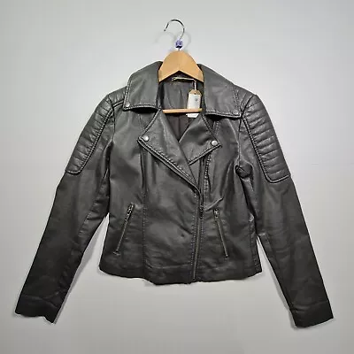 Buy Noisy Mai Womens Faux Leather Jacket Grey Small Biker Long Sleeves • 24.99£