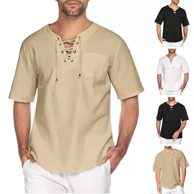 Buy Men Short Sleeve Retro Lace Up T Shirts Casual Beach Hippie Shirts Tops Blouse • 10.44£
