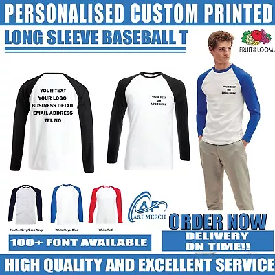 Buy Personalised Custom Text Fruit Of The Loom Long Sleeve Baseball T-shirt SS028 • 8.49£