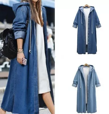 Buy UK Womens Long Denim Jacket Loose Casual Hoodies Long Sleeve Coat Hooded Outwear • 15.23£