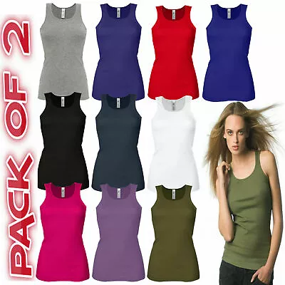 Buy Pack Of 2 Ladies Vest Womens Cotton Stretchy Ribbed T-shirt Cami Casual Tank Top • 8.99£