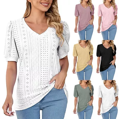 Buy Womens V Neck Summer Ladies T-Shirt Blouse Short Sleeve Tops Pullover Plus Size • 11.58£
