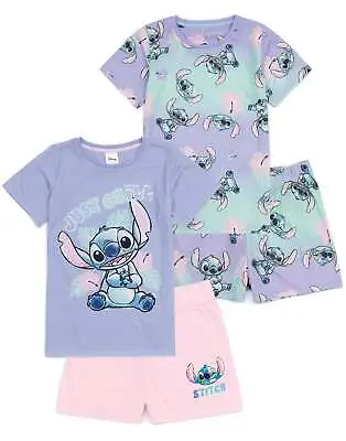 Buy Disney Lilo And Stitch Girls 2 Pack Pyjamas Kids Purple T-Shirt Shorts Pjs Set • 22.99£