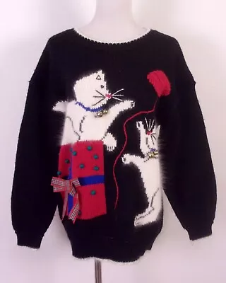 Buy Vintage 80s Karen Scott BUSY Ugly Christmas Sweater With Angora Fuzzy Cats SZ M • 40.81£