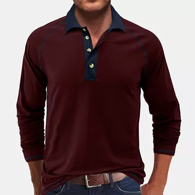 Buy Mens Lapel Button Neck Business Shirt Casual Long Sleeve Tee Tops Sport T Shirts • 15.29£