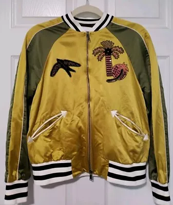 Buy Valentino Yellow & Green Silk Satin Embroidered Patch Detail Bomber Jacket S/6 • 236.25£