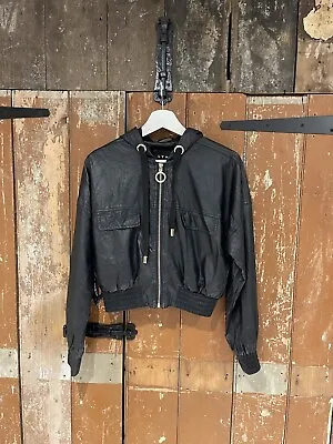 Buy Lynne White Hooded Faux Leather Jacket Coat Cropped Black Women’s Size 38 • 59.99£
