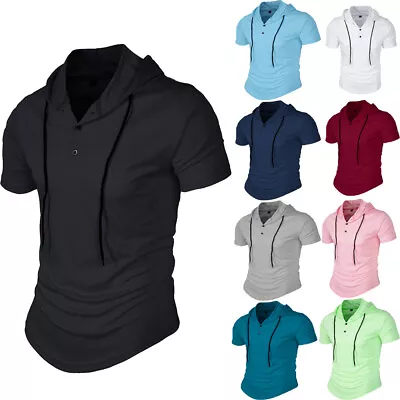 Buy Mens Hooded T Shirt Short Sleeve Hoodie Regular Fit GYM Tee Casual Sports Tops • 12.79£