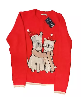 Buy Tu Uk 12 Christmas Jumper Dog Cat Red Knitted New • 14.94£