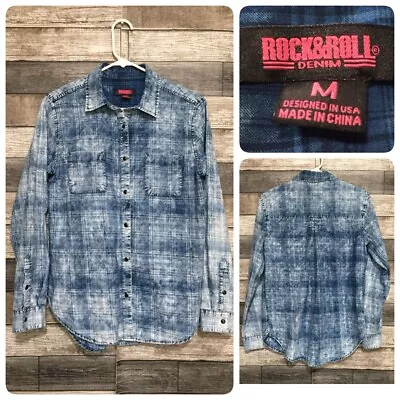 Buy Rock & Roll Denim Pearl Snap Shirt Women’s M Blue Plaid Button Up Lightweight M6 • 23.13£
