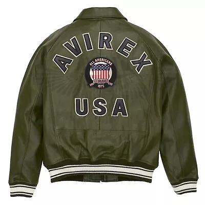 Buy Men's Avirex Real Leather Jacket Flight Bomber American Varsity Sheepskin Jacket • 109.99£