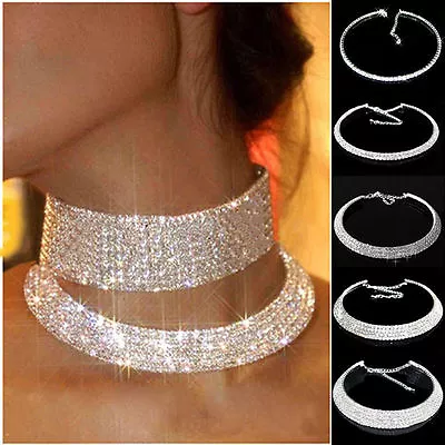 Buy Diamante Crystal Rhinestone Necklace Choker Silver Wedding Party Chain Jewellery • 8.26£