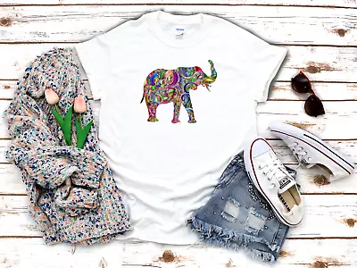 Buy Elephant Animal Line Art White Women's 3/4 Short Sleeve T-Shirt K763 • 9.92£
