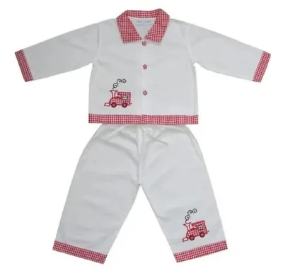 Buy Age 4-5 Boys Train Pyjamas Traditional 100% Cotton White/Red By Powell Craft NEW • 22£