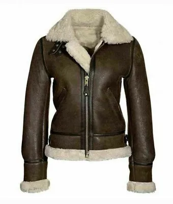 Buy Women Aviator RAF Bomber Fur Shearling Sheepskin Real Leather Jacket • 159.24£