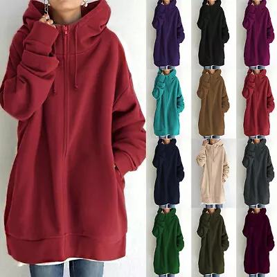 Buy Plus Size Women Zip Up Baggy Hooded Sweatshirt Coat Casual Fleece Long Hoodies • 18.79£