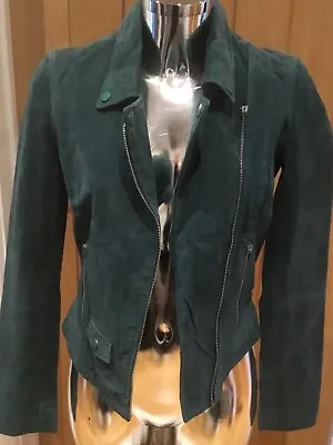 Buy Stylish Bottle Green Suede Biker Style Short Fitted Jacket Size 6 Fully Lined • 0.99£