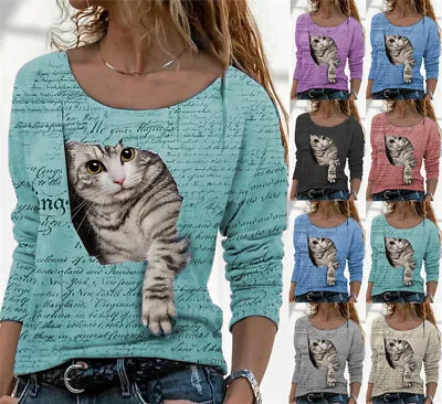 Buy Plus Size Womens Long Sleeve Blouse T-shirts Cat Print Pullover Tunic Basic Tops • 11.99£