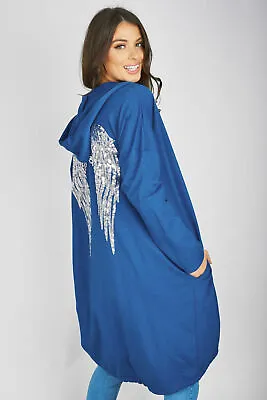 Buy New Ladies Sequin Angel Wings Back Over-sized Hoodie Jacket Coat Cardigan 8-24 • 17.99£