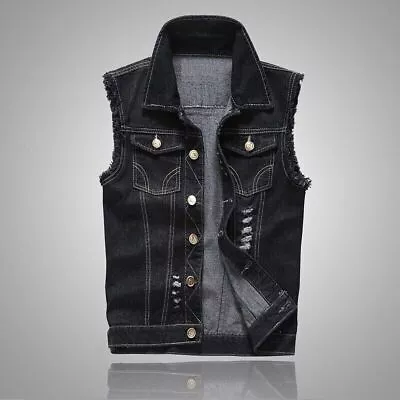 Buy Mens Ripped Denim Vest Sleeveless Trucker Biker Jeans Jacket Waistcoat Gilet • 17.99£