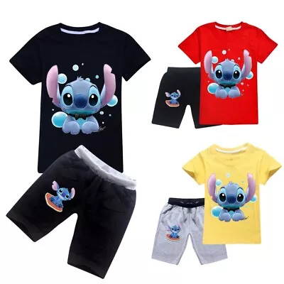 Buy Lilo And Stitch Kids Fashion Short Sleeve T-shirts+Shorts Kids Tracksuit Sets • 14.99£
