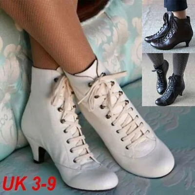 Buy Womens Gothic Kitten Heel Ankle Boots Ladies Vintage Lace Up Booties Shoes Size • 8.39£