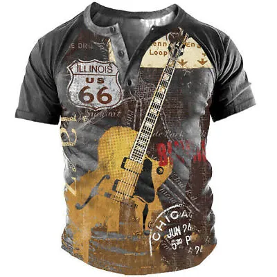 Buy Mens Retro T-Shirt Casual Outdoor Route 66 Henley Shirts Short Sleeve Button • 22£
