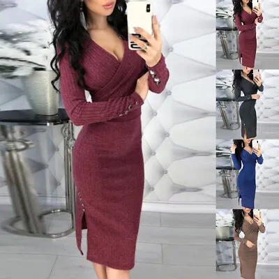 Buy Womens Sexy Ribbed Wrap V Neck Bodycon Ladies Winter Party Jumper Midi Dresses • 13.59£