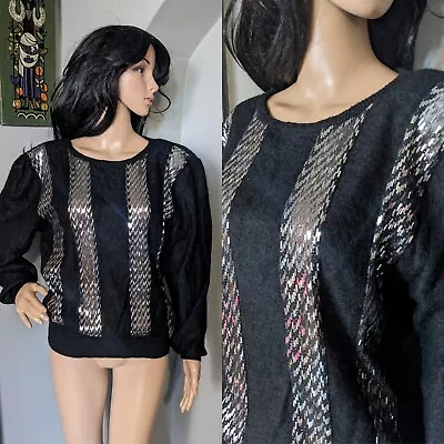 Buy Vintage 80s Mohair Jumper Puff Sleeves Sparkle Sequin Top 44  S M 8 10 12 • 34.99£