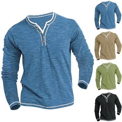 Buy Mens Long Sleeve V Neck Grandad Shirts Tops Loose Button Henley T-Shirt Blouse • 13.69£