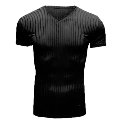 Buy Men V-neck Top Ribbed Muscle Stretch Slim Fit Short Sleeve Collar T-Shirt Soft • 9.95£