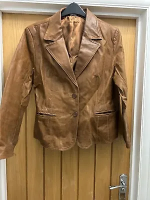 Buy Ladies Tan Leather Box Blazer Style Jacket Size 16 Worn Only A Few Times • 25£