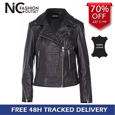 Buy Women's Black Leather Jacket Kaleidoscope Real Leather Biker Jacket Size 10 • 45.97£