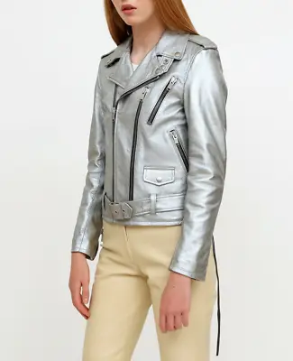 Buy Womens Silver Leather Jacket Biker Moto Lambskin Size S M L XL XXL 3XL Customize • 133.69£