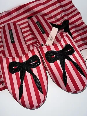 Buy Victoria’s Secret Satin Slippers M Pink Red Stripe Black Sequin Bow W/bag Medium • 14.17£
