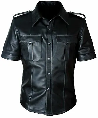 Buy Mens Police Uniform Shirt Hot Real Black Sheep / Lamb Leather Bluff Gay Jacket • 59.99£