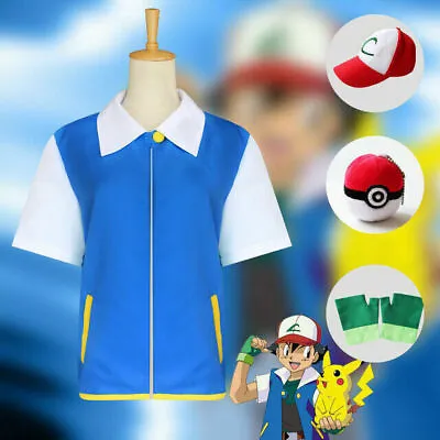 Buy Kids Pokemon Ash Ketchum Trainer Costume Cosplay Shirt Jacket+Gloves+Hat Xmas UK • 19.16£