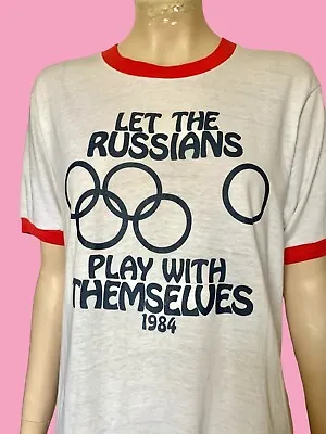 Buy TRUE VINTAGE 1984 Olympics T-shirt LET RUSSIANS PLAY WITH THEMSELVES *RARE* 80s • 120£