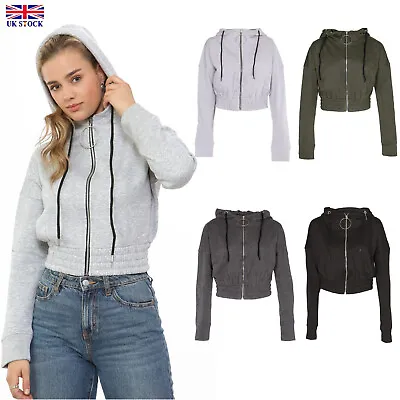 Buy Womens Zip-Crop Hoodie Ladies Plain Sweatshirt Cropped Top Full Zip Sweater 6-14 • 8.99£