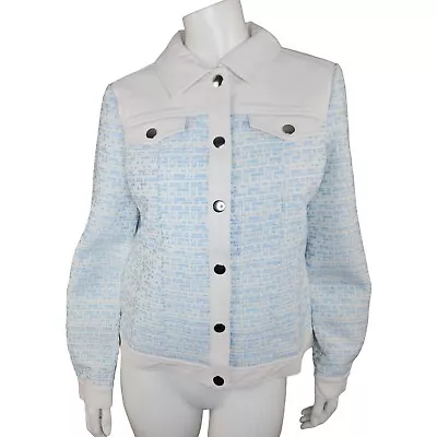 Buy Dennis Basso Mixed Media Faux Leather And Tweed Jacket Light Blue Size 2 • 28.50£