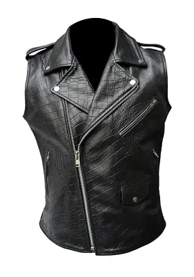 Buy Mens Sleeveless Brando Style Biker Vest Alligator/Crocodile Leather Black Jacket • 74.99£