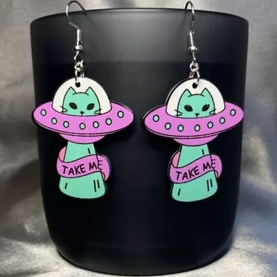 Buy Handmade Silver Pink Green UFO Cat Alien Earrings Gothic Gift Jewellery • 4.50£