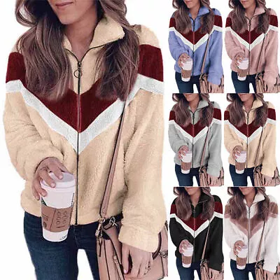 Buy Women Colorblock Teddy Bear Zip Up Coat Warm Fleece Fluffy Soft Jacket Winter • 14.99£