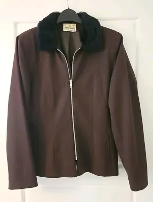 Buy Simply French Brown Jacket With Black Fake Fur Collar Size 12 • 27.99£