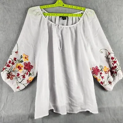 Buy NYCC Woman Top 1X White Floral Embroider Sleeve Keyhole Tie BOHO Peasant EUC • 16.31£