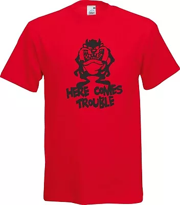 Buy Here Comes Trouble Tasmanian Devil Xmas Present Funny Humour Cotton T Shirt • 9.49£