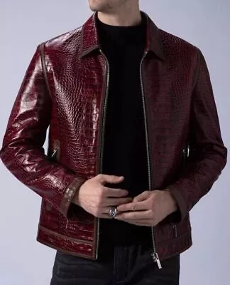 Buy Abez Men's Real Leather Casual Coat Wear- Red Crocodile Embossed Biker Jacket • 157.25£