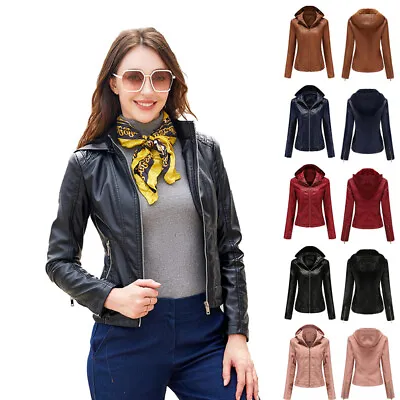 Buy Leather Jacket Outwear Jacket Top Coat Fleece Women Hooded Winter Warm Zipper • 31.78£