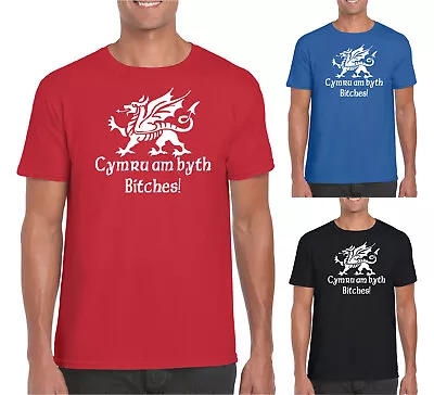 Buy Mens Cymru Am Byth Bitches ! Wales T Shirt Football Rugby Welsh 2024 Sports Top • 11.99£