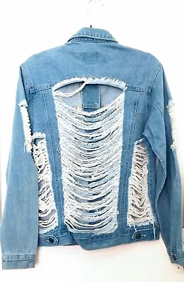 Buy Pretty Little Thing Denim Jacket Size 4 Rips Frayed Laddered Grunge Distressing  • 6£